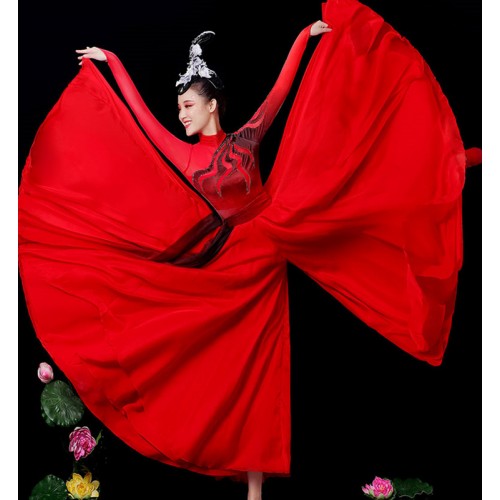 Women girls Red gradient chinese folk classical dance costumes fairy hanfu dresses Mongolian dance costume opening dance big swing skirt